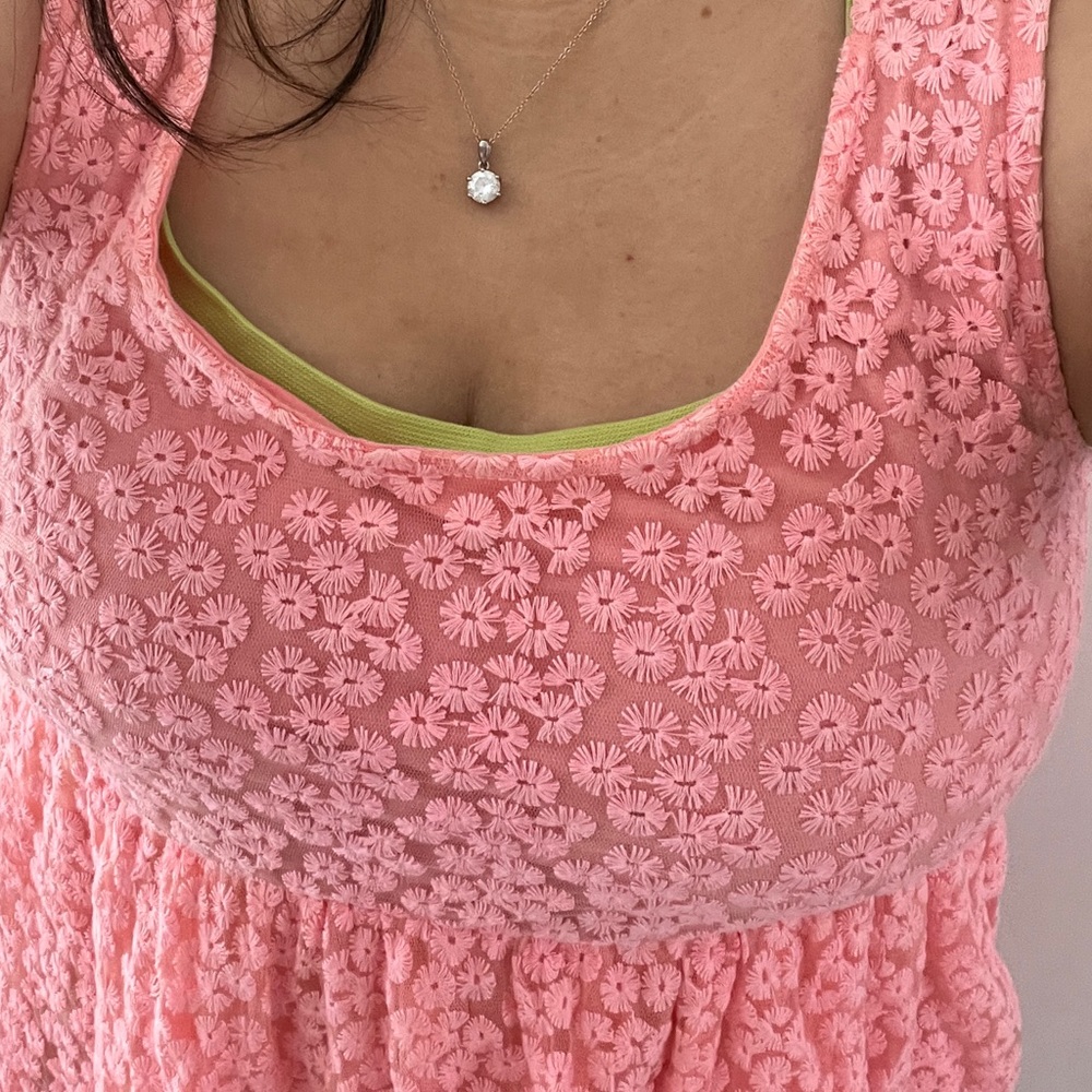 Coral Pink Mini Lace Floral Babydoll Dress Kawaii Mesh Tulle Flower Barbie Cute